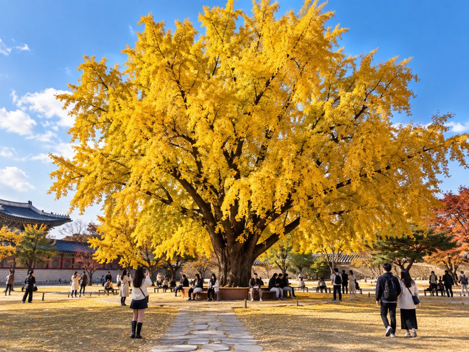 Large golden ginkgo tree at Gyeongbokgung Palace in autumn