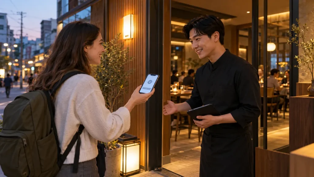 Traveler showing a restaurant reservation on a phone to a host at a modern restaurant entrance.