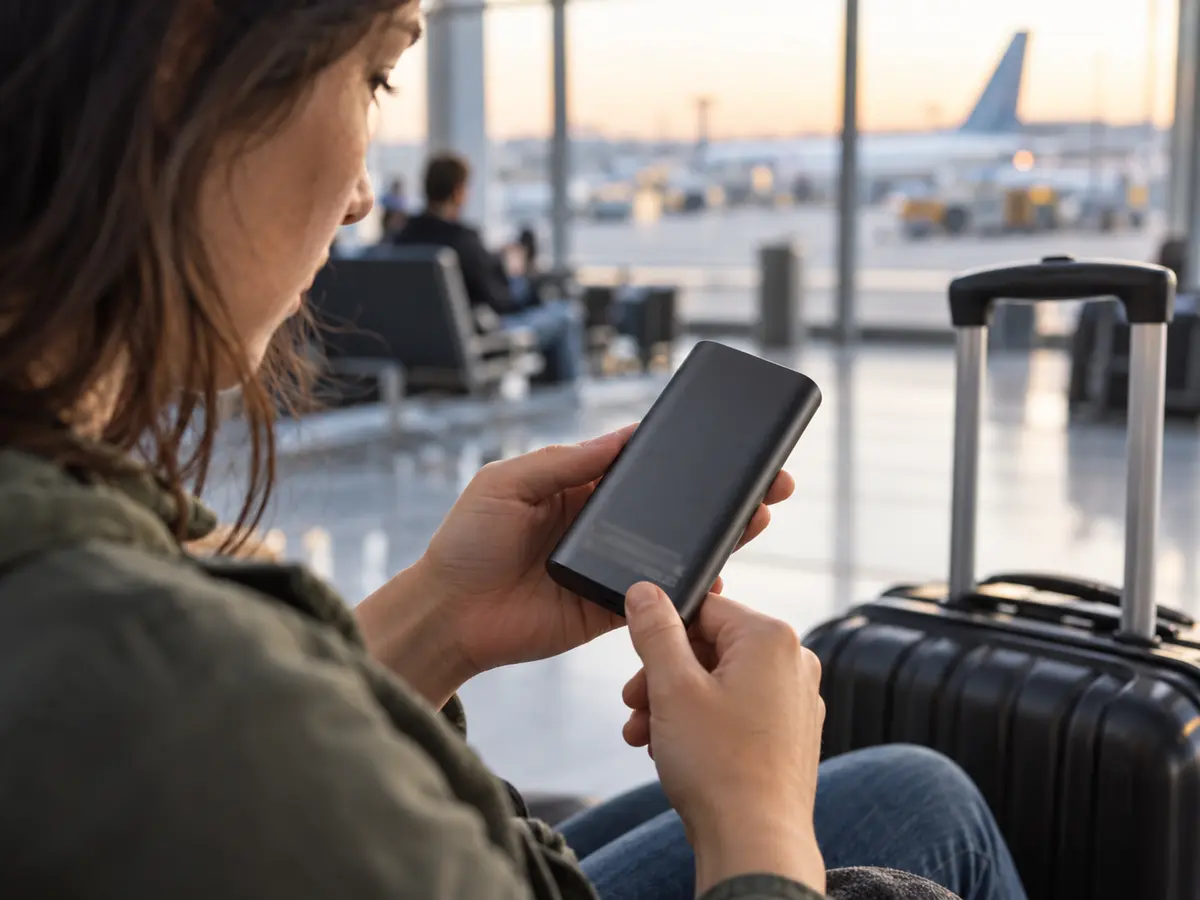 Traveler checking the capacity label on a power bank before a flight.