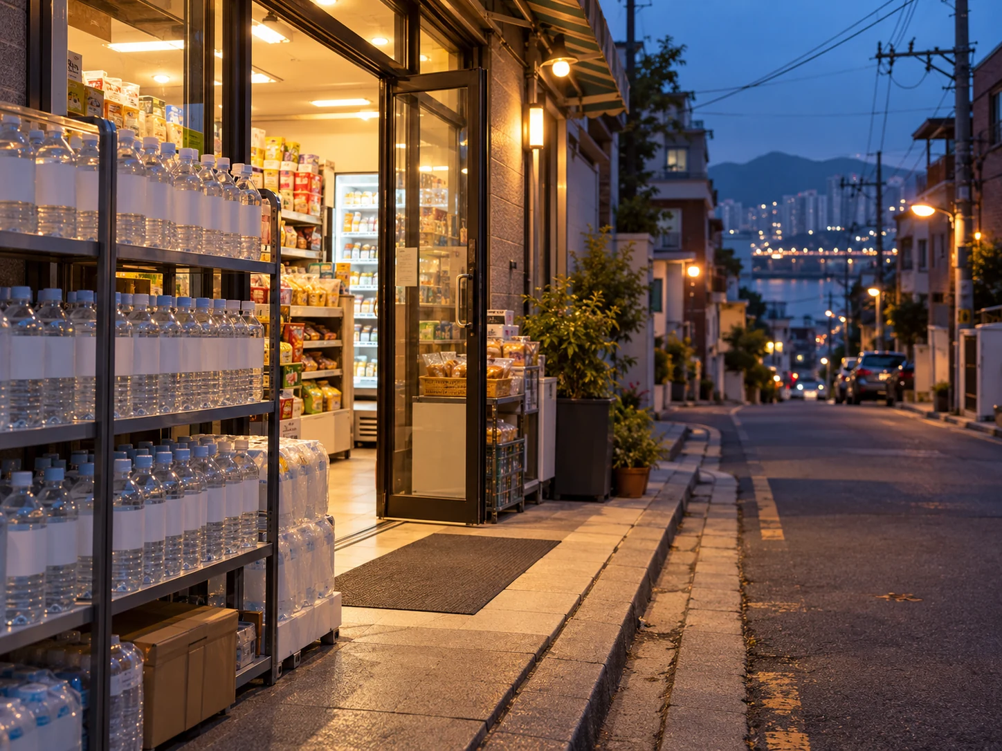 Bottled water near the entrance of a warmly lit Korean neighborhood convenience store at night.