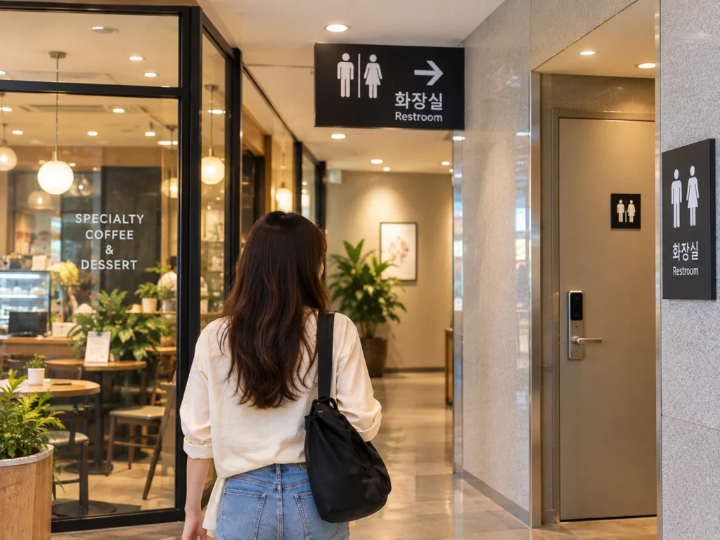 Shared building restroom with a keypad beside a café in Korea
