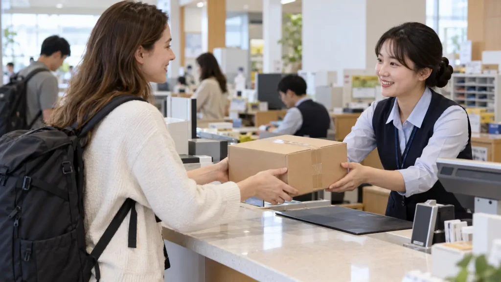 International traveler handing a parcel to a post office clerk in Korea.