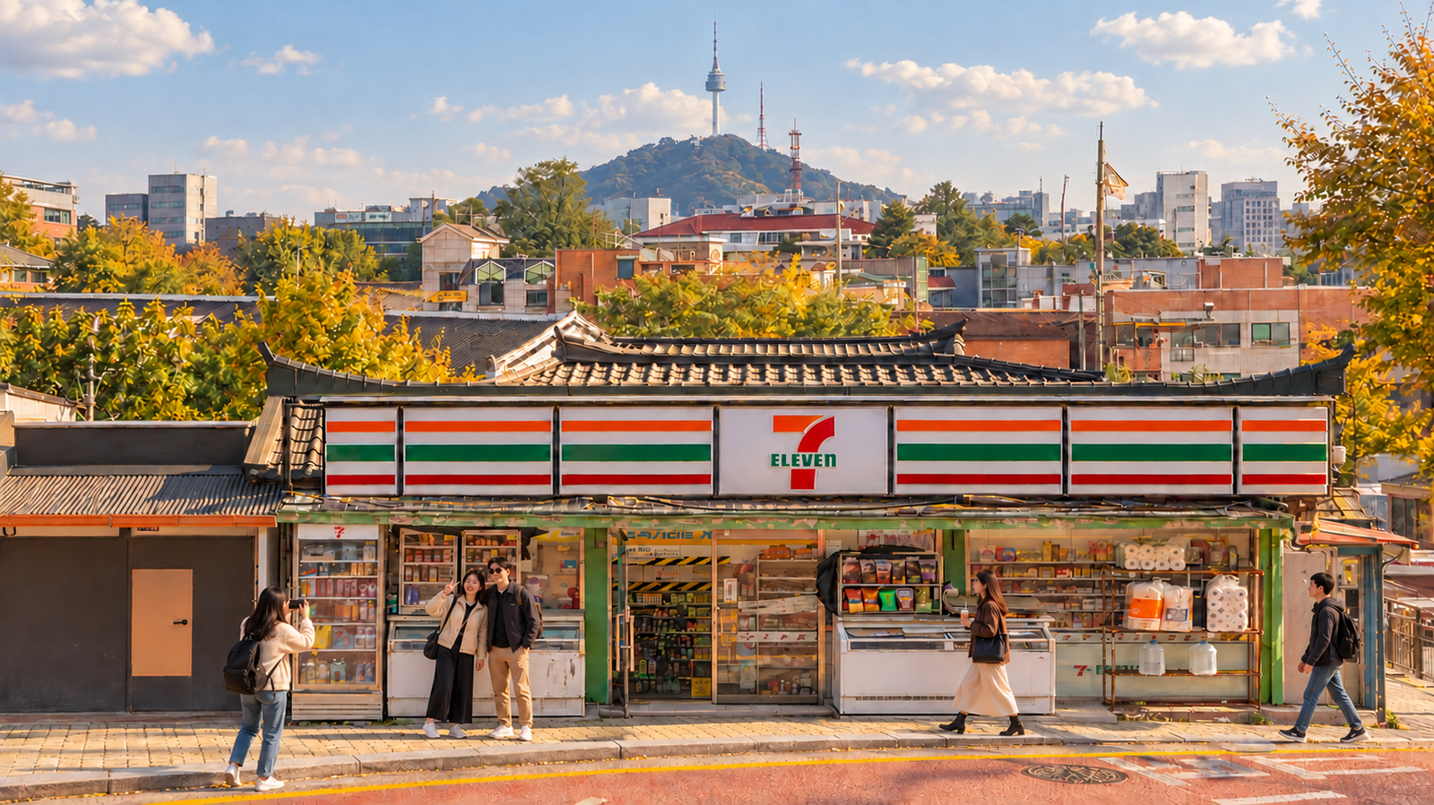 Tourists taking photos outside a Seoul convenience store, with N Seoul Tower in the background.