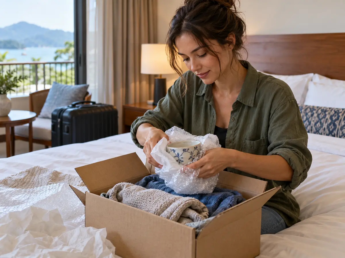 Traveler wrapping a ceramic souvenir with padding for international shipping.