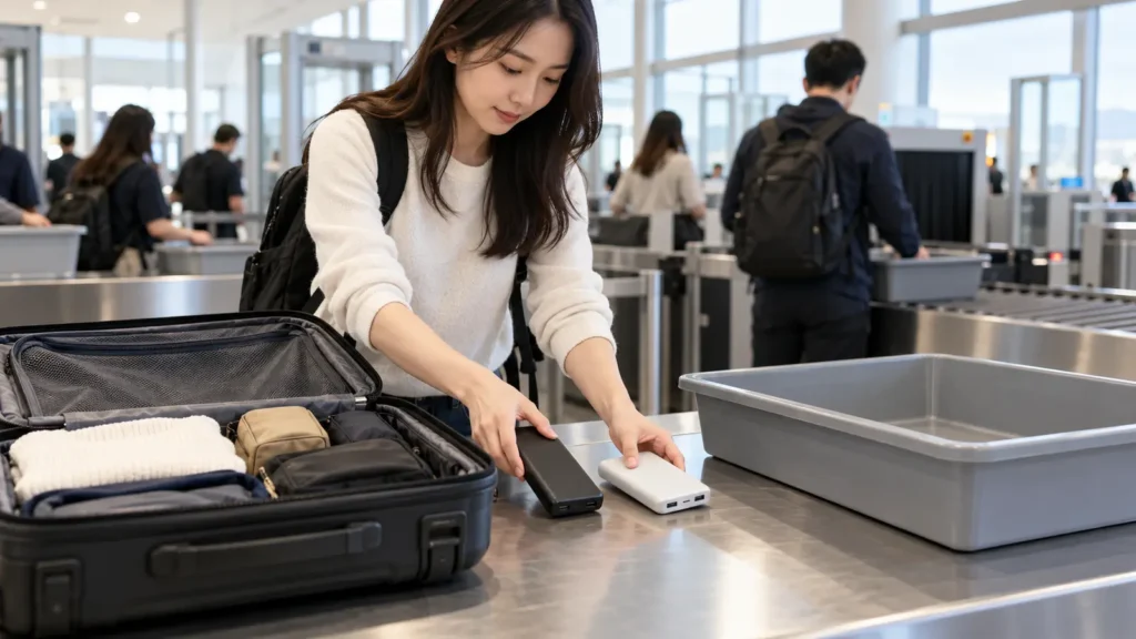 Traveler removing two power banks from luggage at an airport security table in Korea.