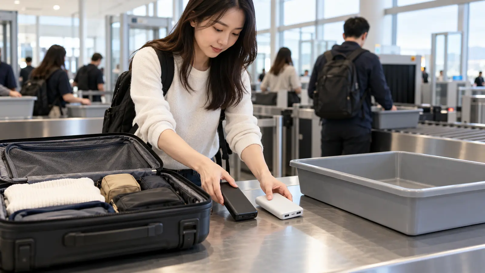 Traveler removing two power banks from luggage at an airport security table in Korea.