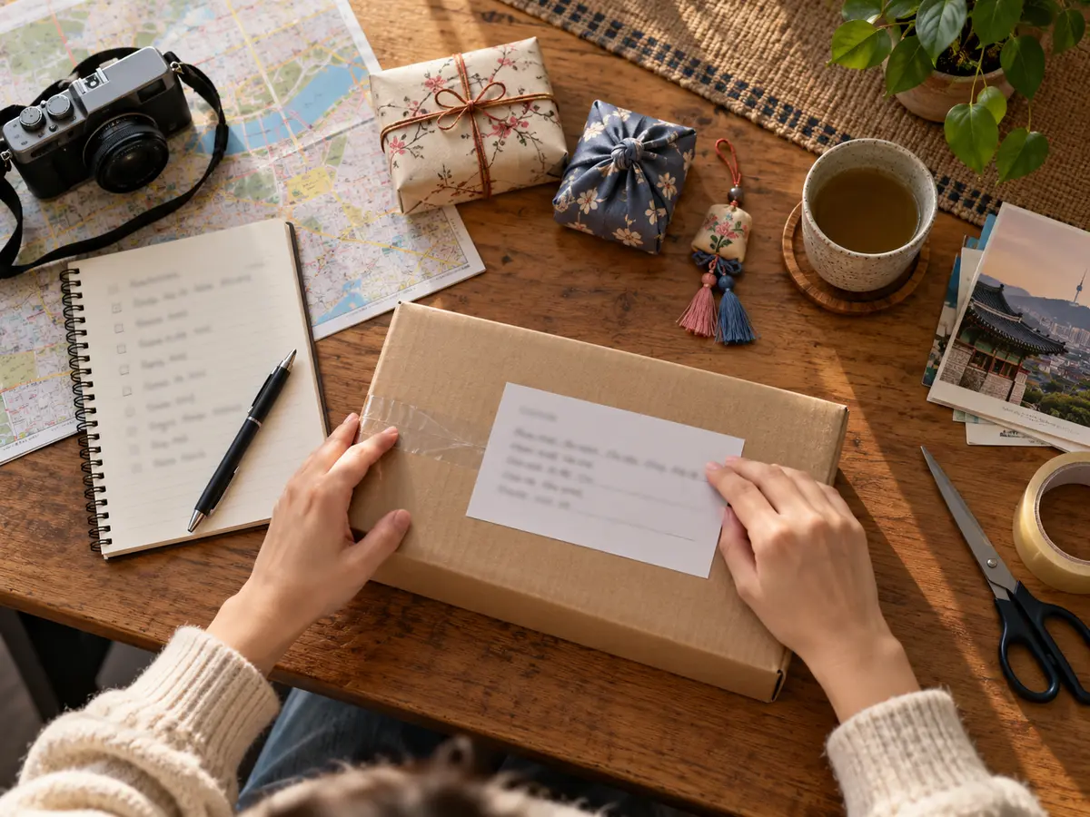 Traveler preparing an address and item list to mail souvenirs from Korea.