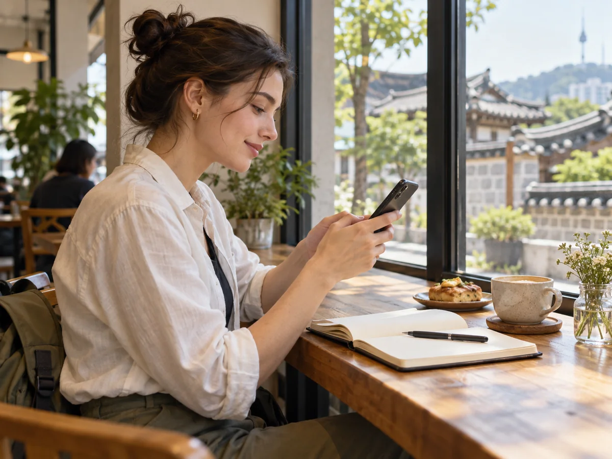 Traveler checking a phone beside an open notebook at a cafe table.