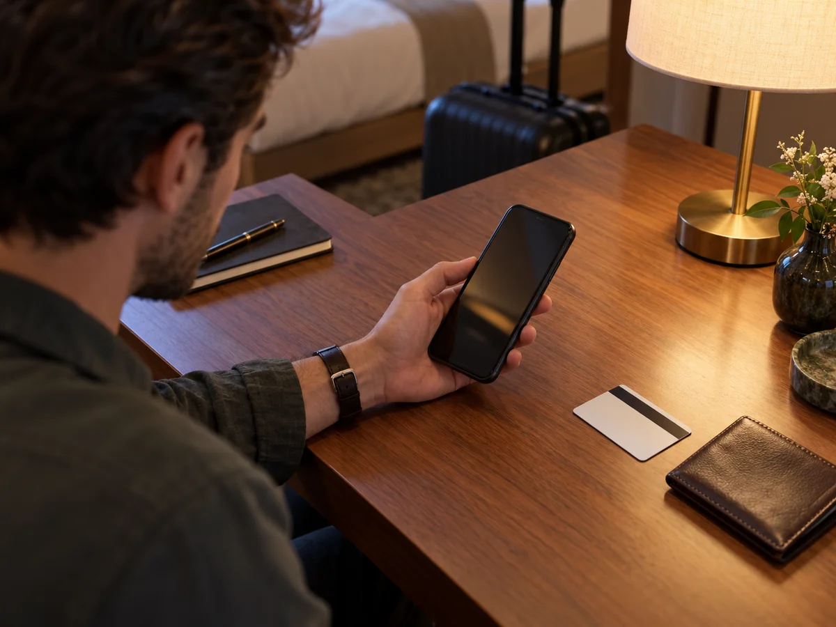 Traveler holding a phone beside a face-down bank card and wallet.