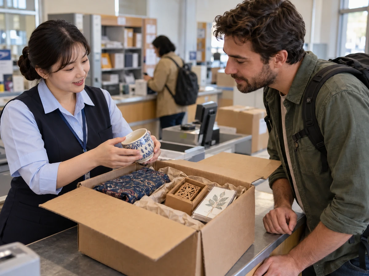 Post office clerk reviewing souvenir parcel contents with a traveler in Korea.