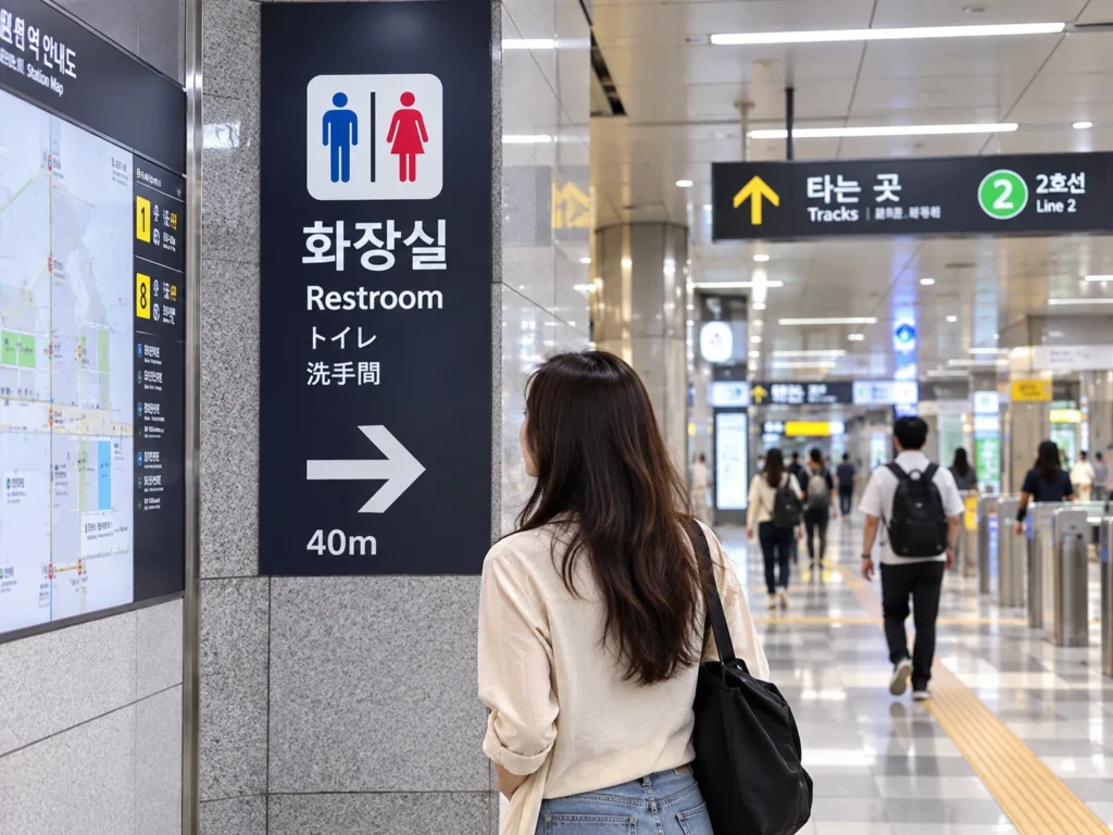 Restroom direction sign showing 40 meters inside a Seoul subway station