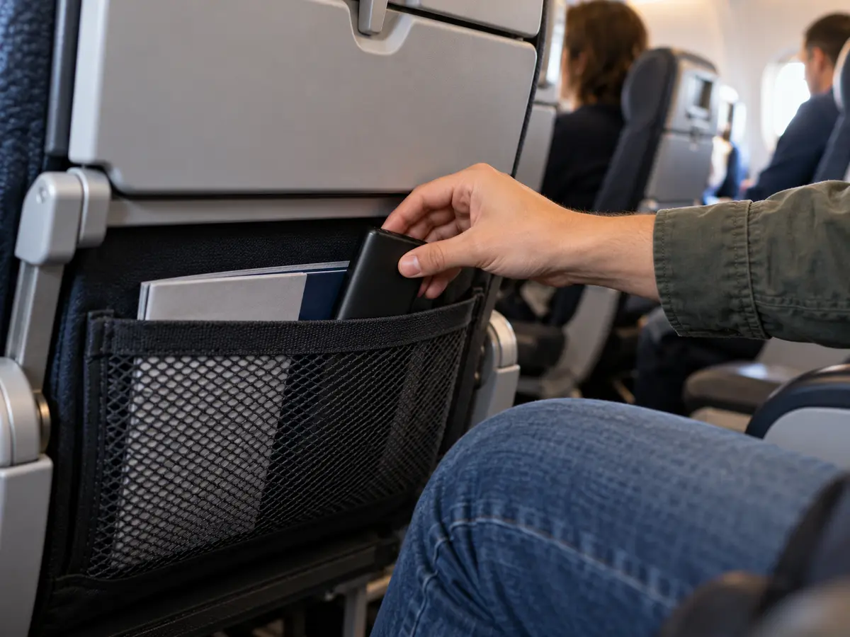 Traveler placing a compact power bank in an airplane seat-back pocket.
