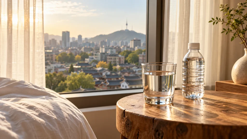 A glass of water and a sealed bottle beside a softly lit guest-room window in Seoul.