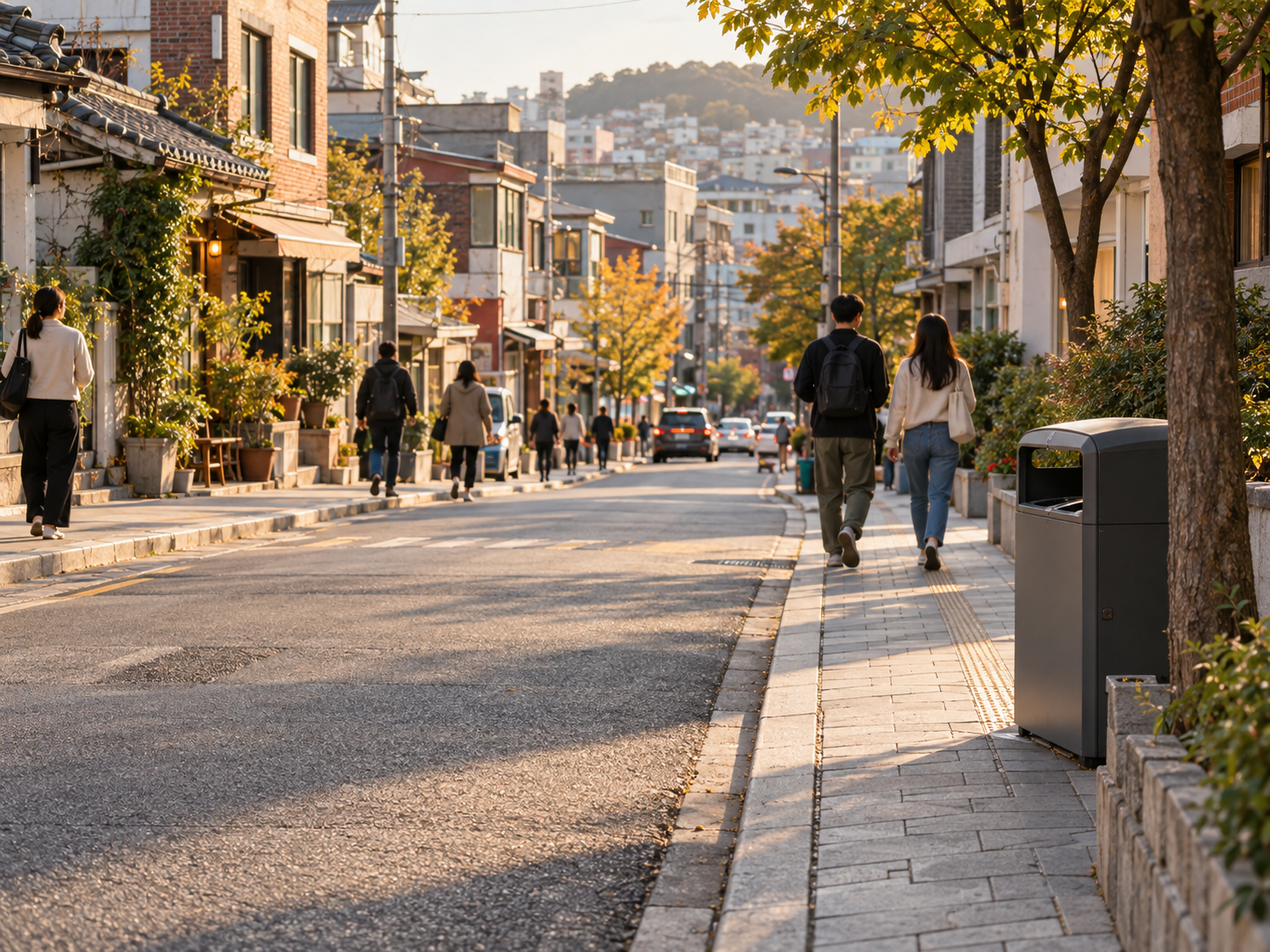 Clean Seoul street with public waste bin and pedestrians