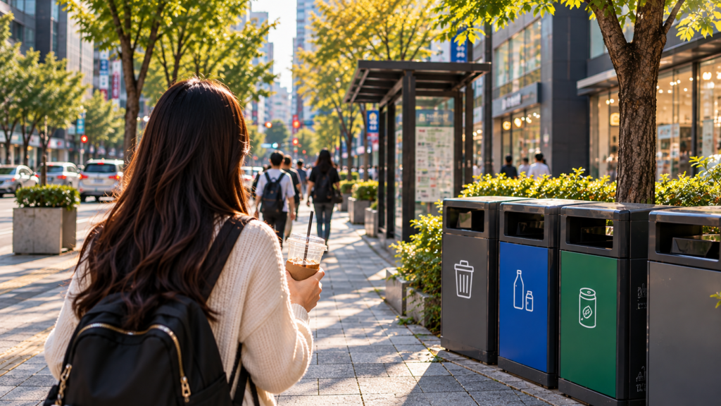 Public trash cans on a clean Seoul street in Korea