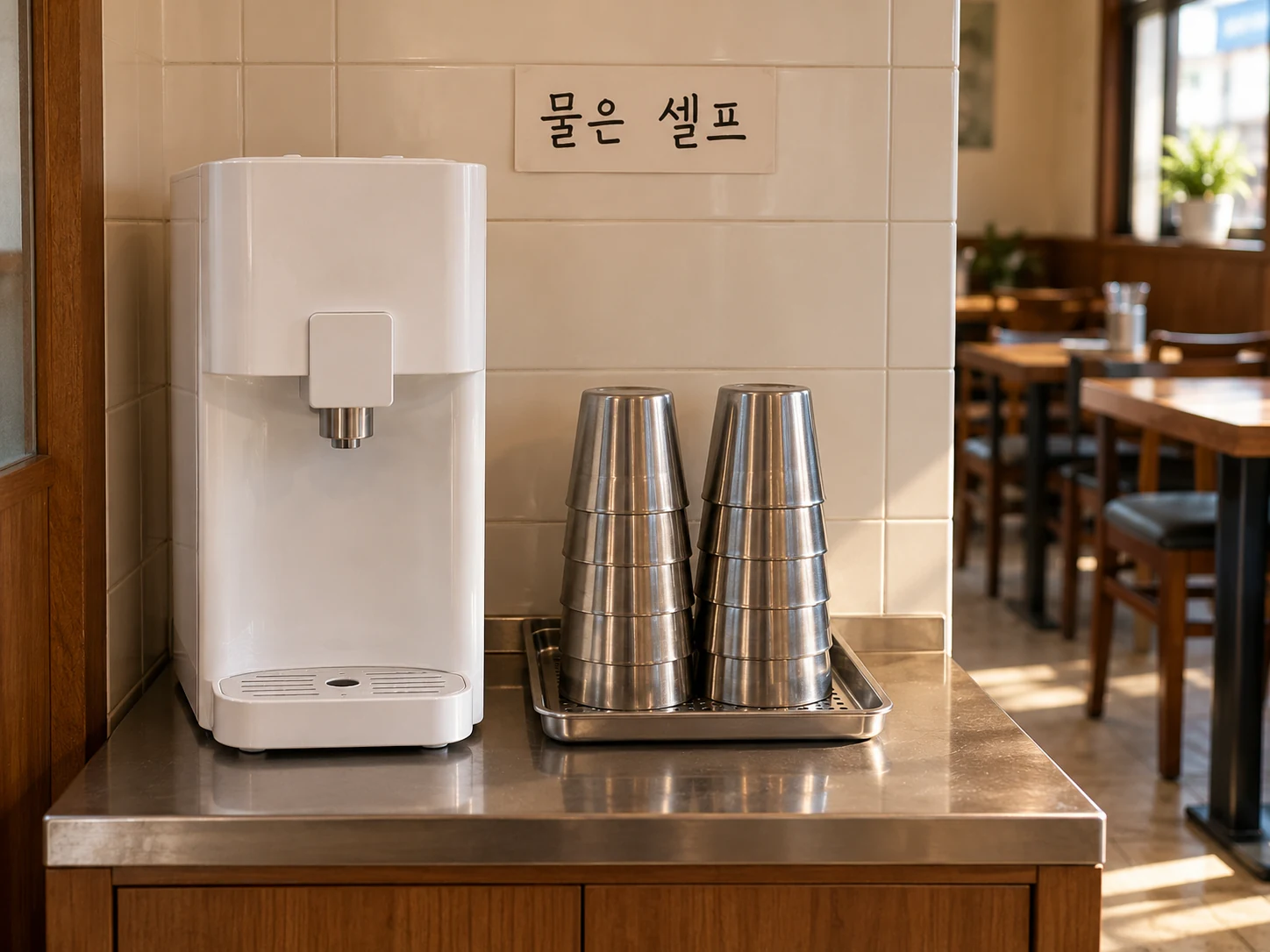 A Korean restaurant water dispenser and steel cups beneath a 물은 셀프 self-service sign.